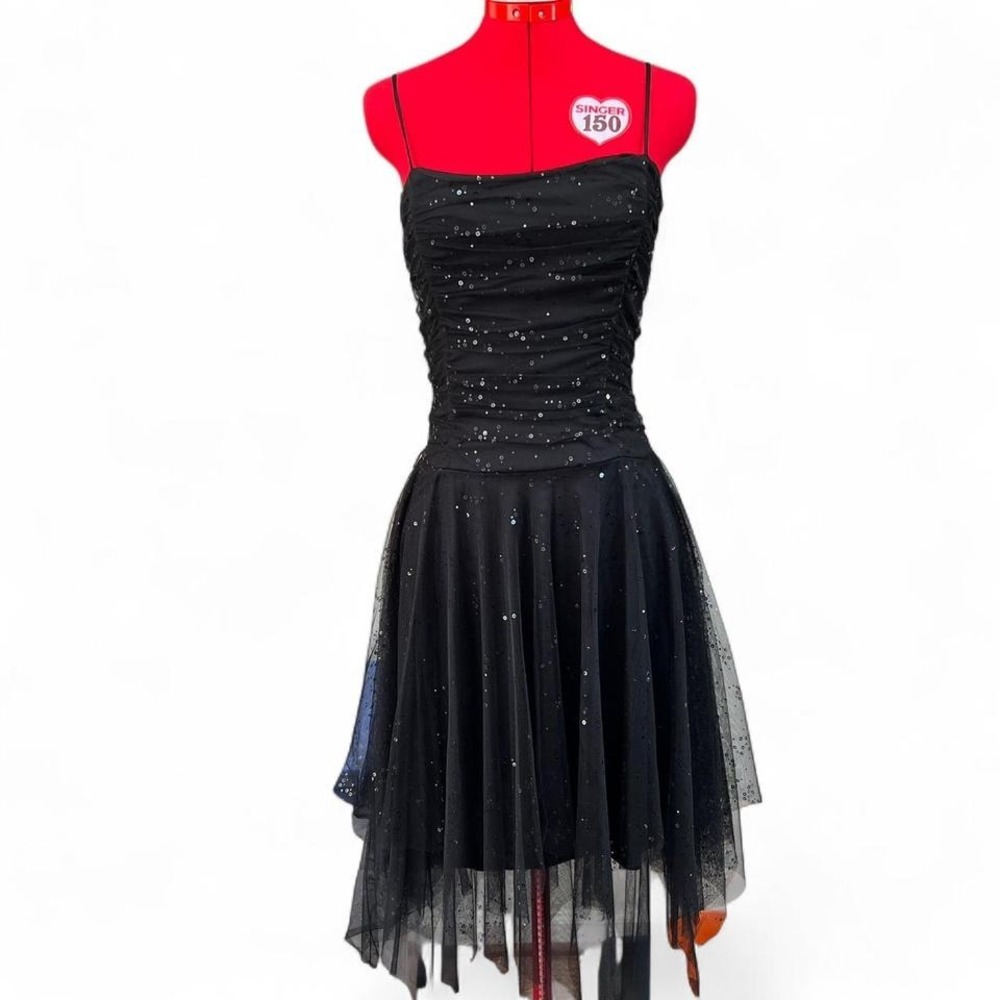 Vintage Y2K Black Tulle & Sequins‎ Fairy Hem Dress Ruched Bodice Large Fairycore